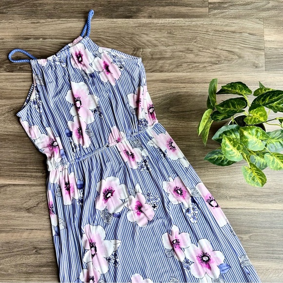 Rumi + Ryder Girls Maxi Dress Blue Stripe Floral Print Spaghetti Strap Size L - Picture 2 of 10